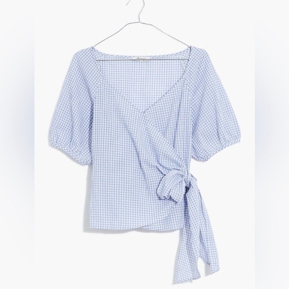 Madewell Blue and White Gingham Seersucker Wrap Top Size Medium - Picture 12 of 12
